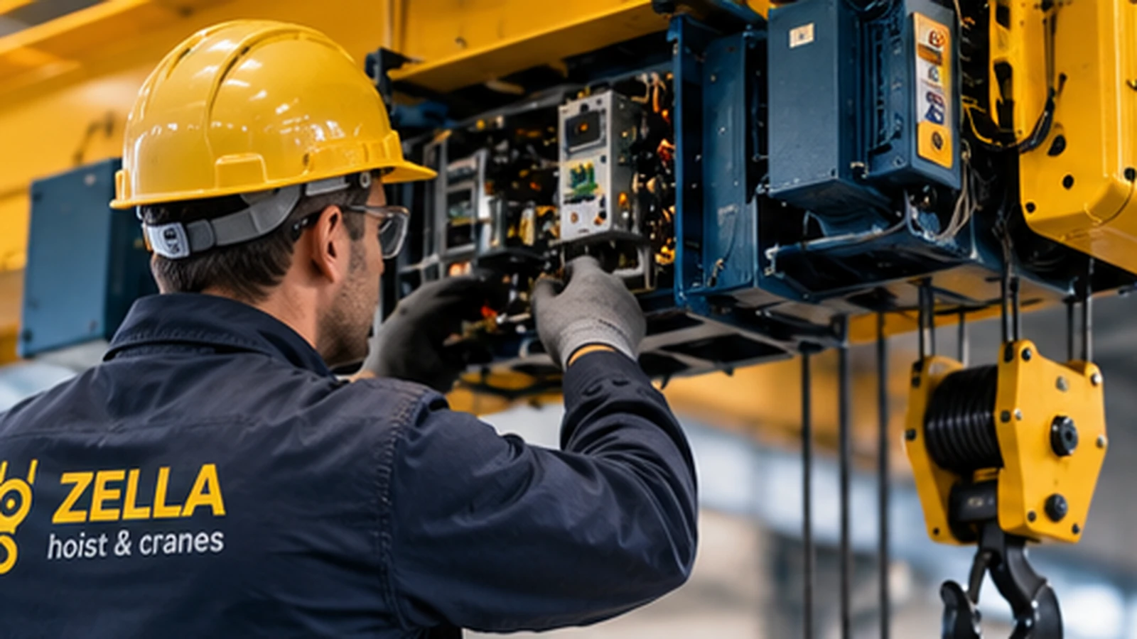 Technician servicing the hoist machinery of an overhead crane