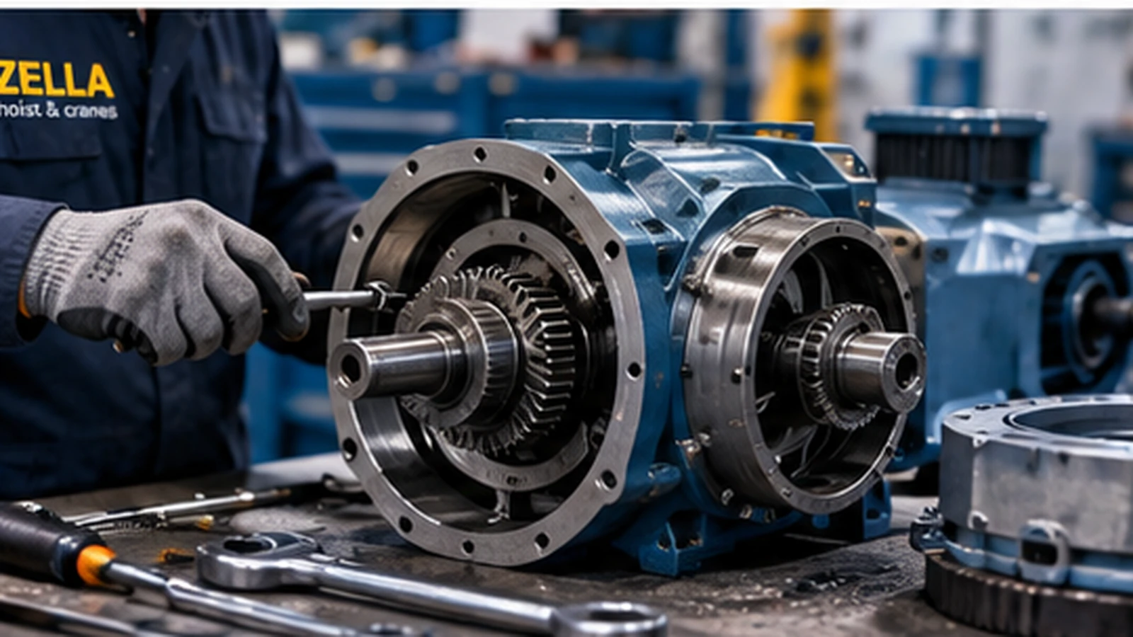 Industrial gearbox under repair on a clean workshop bench